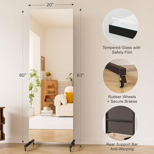 brisafe 60" x 20" Full Length Rolling Floor Mirror on Lockable Wheels, Rectangular Shatter-Resistant Safety Glass, for Home Dance Studio & Yoga, Black Metal Frame and Stand