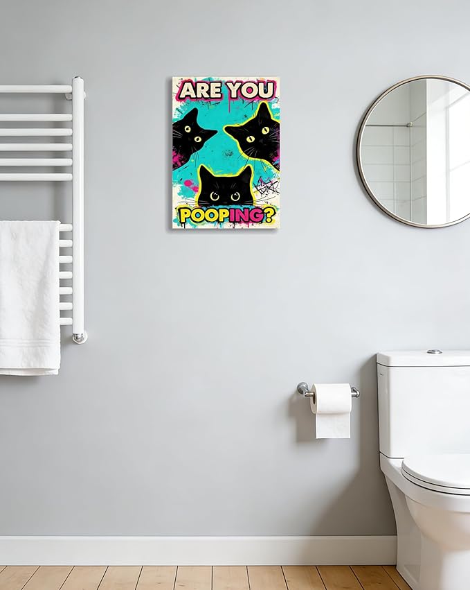 DUFIPOR Funny Black Cat Bathroom Wall Art, Are You Pooping? Graffiti Pop Art Canvas Prints, 12x16 Inch Humorous Bathroom Decor for Washroom Restroom, Trendy Cat Lover Gifts for Bathroom Wall Decor