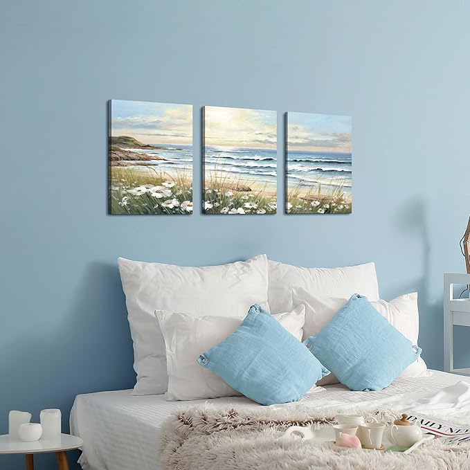 Hardy Gallery Beach Painting Ocean Wall Art: Seascape Artwork Coastal Picture Beach Scene Wall Decor and Seaside Canvas Art for Bedroom Decorations 16"x12"x3panels