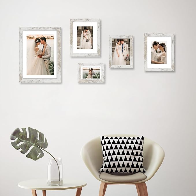 iRahmen 8x10 Picture Frame Set of 2 with HD Glass, Distressed White Wood Photo Frames Display 5x7 Pictures with Mat or 8 x 10 Without Mat for Horizontal or Vertical Tabletop and Wall Mounting