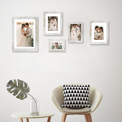 iRahmen 8x10 Picture Frame Set of 2 with HD Glass, Distressed White Wood Photo Frames Display 5x7 Pictures with Mat or 8 x 10 Without Mat for Horizontal or Vertical Tabletop and Wall Mounting
