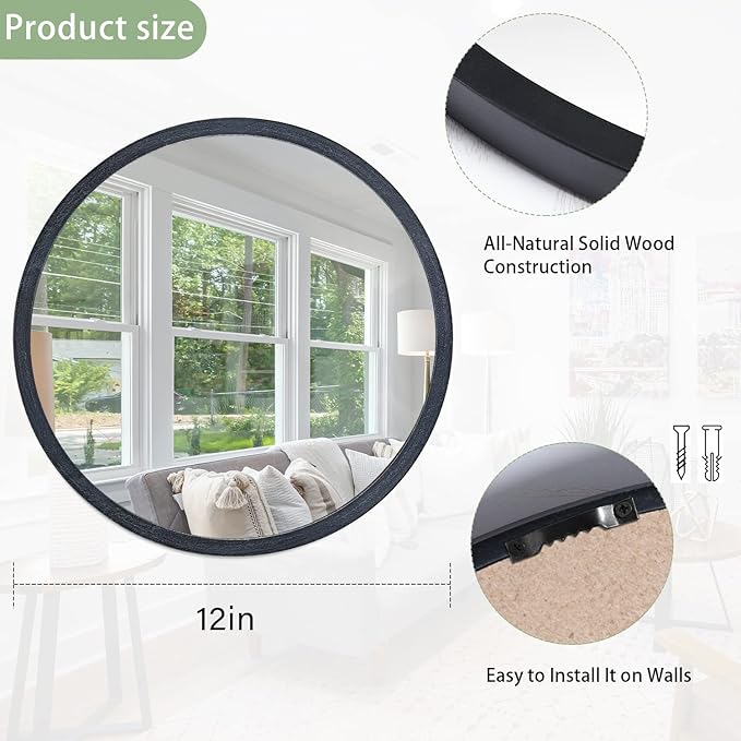 JJUUYOU Black Circle Wall Mirror Round Wall Mirror for Bathroom, Hanging Round Mirror for Living Room, Vanity, Bedroom
