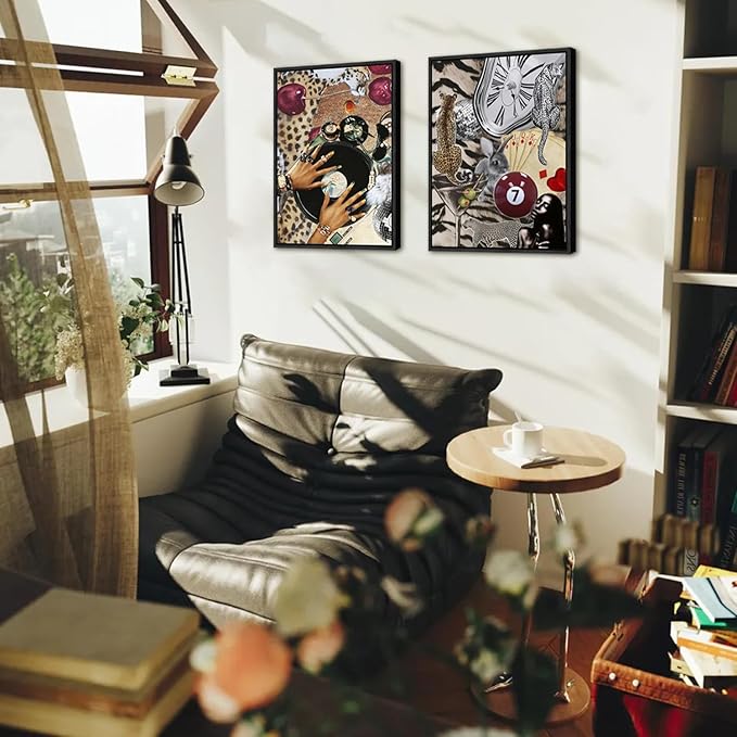 Fashion Cheetah Wall Art Set of 3 Leopard Wall Decor Pictures Lucky 8 Ball Poster Canvas Painting Prints Dark Red Cheetah Artwork for Bedroom Living Room 12x16 inch Black PS Framed