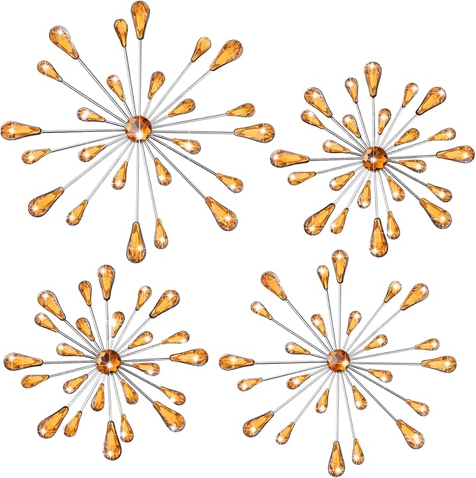 Hicarer 4 Pcs Starburst Wall Decor Bling Wall Art Crystal Teardrop 3D Hanging Rhinestone Radial Metal Artwork Modern Accent Sculptures Decorations for Living Room Home Office Bedroom(Amber)