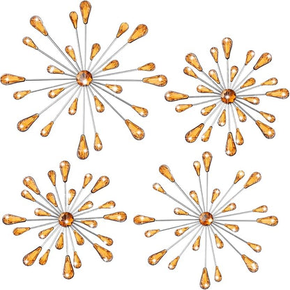 Hicarer 4 Pcs Starburst Wall Decor Bling Wall Art Crystal Teardrop 3D Hanging Rhinestone Radial Metal Artwork Modern Accent Sculptures Decorations for Living Room Home Office Bedroom(Amber)
