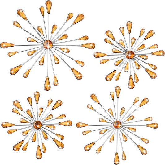 Hicarer 4 Pcs Starburst Wall Decor Bling Wall Art Crystal Teardrop 3D Hanging Rhinestone Radial Metal Artwork Modern Accent Sculptures Decorations for Living Room Home Office Bedroom(Amber)