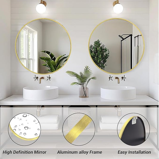 Sunniry Gold Circle Mirror, Round Mirror 22 inch, Gold Wall Mirrors Brushed Metal Frame, Circle Mirrors for Bathroom, Bedroom, Living Room, Entryway.