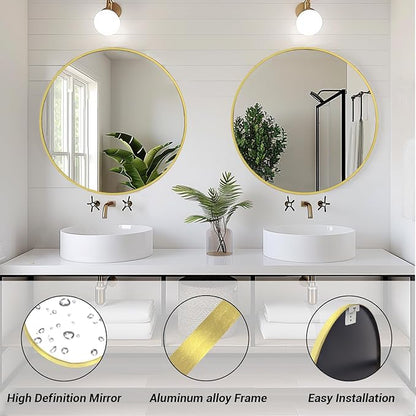 Sunniry Round Mirror 18 inch, Gold Round Mirror, Gold Metal Frame, Gold Mirrors for Wall, Bathroom, Bedroom, Vanity, Hallway.