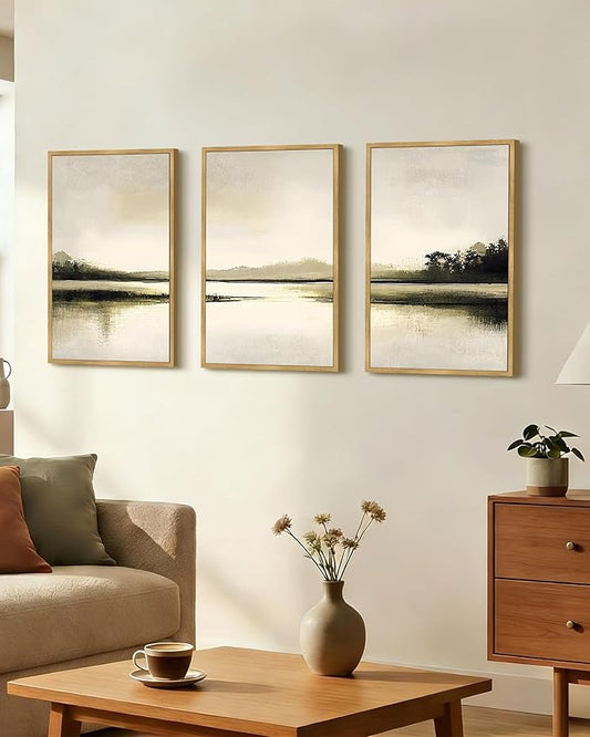 Drsoum Vintage Black Gray Abstract Laker Landscape Wall Art Framed Brown Tan Neutral Prints Minimalist Modern Rustic Artwork Bedroom Living Room Ready to Hang 16x24in Natural Framed