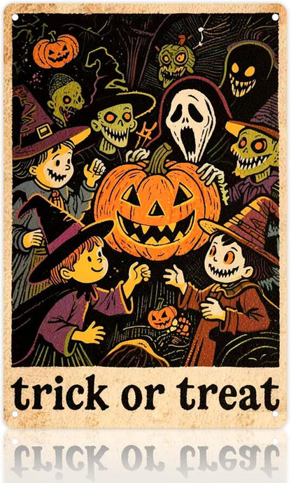 Halloween Metal Sign | Pumpkin, Witch & Kid Design | Man Cave Decor Spooky Festival Decor for Home Wall, Party Backdrop & Yard | Ideal for Halloween Enthusiasts & Family Gatherings 8x12in