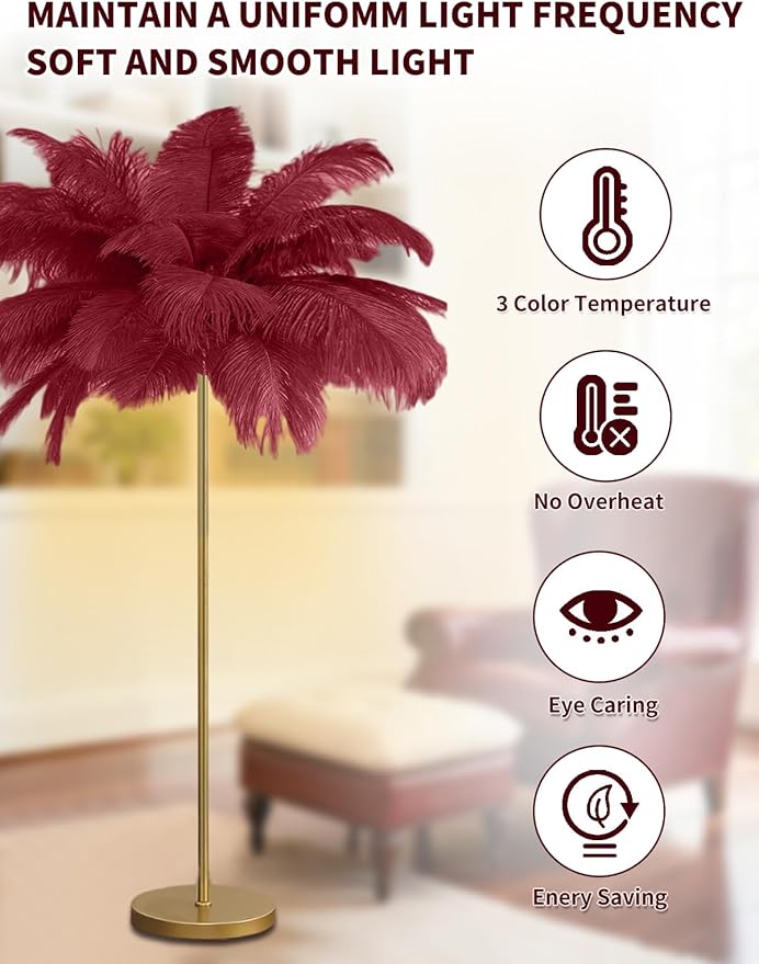 Feather Floor Lamp,Fluffy Ostrich Feather Floor Lamp for Bedroom,3 Color Temperatures Led Corner Modern Floor Lamps for Living Room Christmas Home Decor House Warming Gifts,63″ Height (Wine Red)