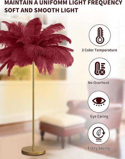Feather Floor Lamp,Fluffy Ostrich Feather Floor Lamp for Bedroom,3 Color Temperatures Led Corner Modern Floor Lamps for Living Room Christmas Home Decor House Warming Gifts,63″ Height (Wine Red)