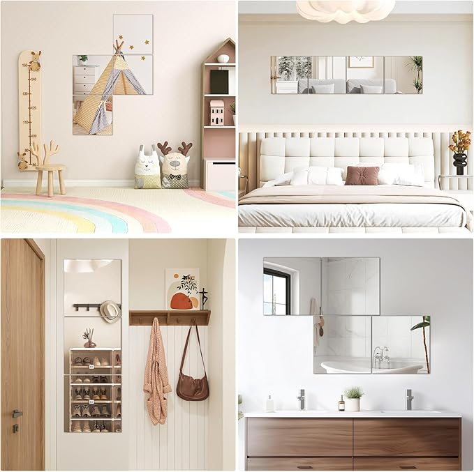 18x18 in Acrylic Mirror Sheet for Wall, 2.5mm Thick Unbreakable Non Glass Body Mirror Tile Self Adhesive Mirror Stickers Rectangular Wall Mirror for Bathroom Bedroom Home Gym Door Decor