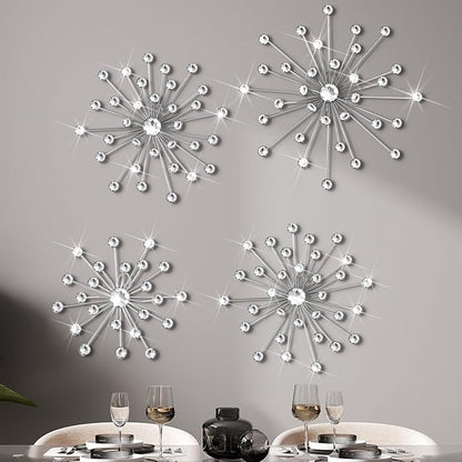 Funnymoom 4 Pcs Silver Starburst Wall Decor Metal Bling Wall Art Crystal Silver Sparkling Rhinestones Bling Decorative Hanging Diamond for Living Room Bedroom Home Office