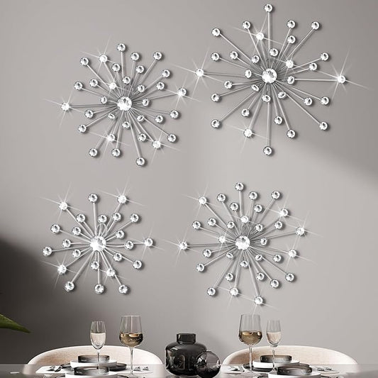Funnymoom 4 Pcs Silver Starburst Wall Decor Metal Bling Wall Art Crystal Silver Sparkling Rhinestones Bling Decorative Hanging Diamond for Living Room Bedroom Home Office
