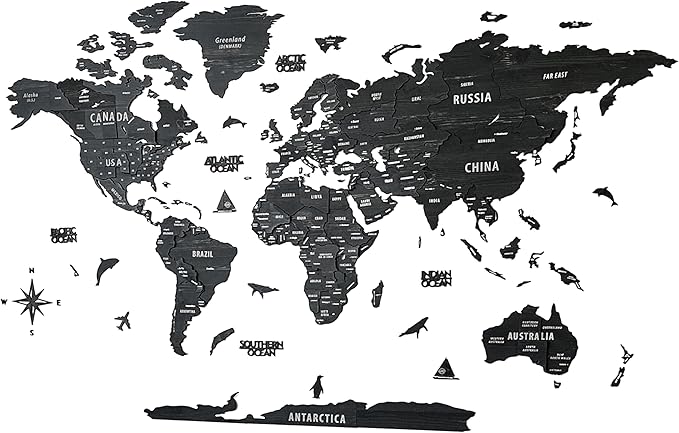 Colorfull Worlds, Multilayer 3D Wooden World Map, Travel Map States and Capitals, Wall Decor For New House, Gift For Travelers, Office Decor, Educational Activity for Children (M, Tuana)