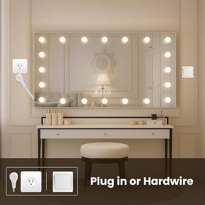 WTTY 96"x36" Hollywood Vanity Mirror with Lights, Wall-Mounted Makeup Mirror with 3 Color Temperatures, Stepless Dimmable Bulbs, Anti-Fog & Shatter-Proof