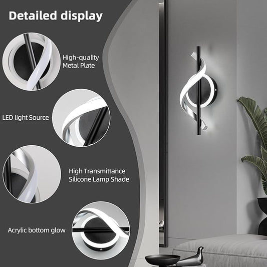 EIDISUNY LED Wall Sconces Indoor, 12W LED Wall Mount Lights, Modern Spiral Wall Lamp, 6000K Cold Light Fixture for Stairs, Living Room, Bedroom, Aisle, Hallway (Cold White, Black)