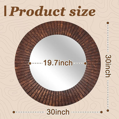 Vercraft 30" Round Wood Wall Mirror - Grooved Decorative Mirror for Entryway, Living Room Bathroom, Bedroom, Hallway
