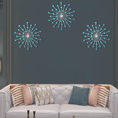 DXYAKY Set of 3 Modern Starburst Wall Decor, Metal Wall Sculpture with Crystal Accents, Blue 3D Wall Art for Living Room, Bedroom & Home, Elegant Hanging Wall Decoration