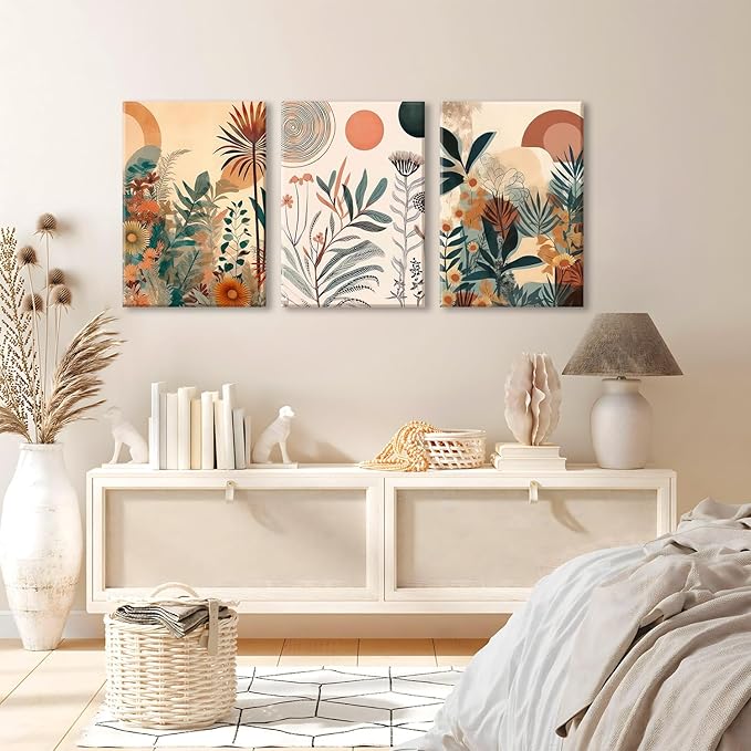 LYPHNX Framed Boho Burnt Orange Botanical Floral Canvas Wall Art Abstract Terracotta Jungle Poster Pictures Set of 3 Flower Prints Painting Home Decor for Bathroom Bedroom Living Room 16"x24"