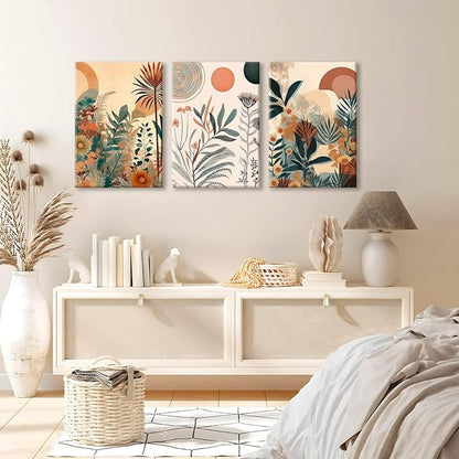 LYPHNX Framed Boho Burnt Orange Botanical Floral Canvas Wall Art Abstract Terracotta Jungle Poster Pictures Set of 3 Flower Prints Painting Home Decor for Bathroom Bedroom Living Room 12"x16"