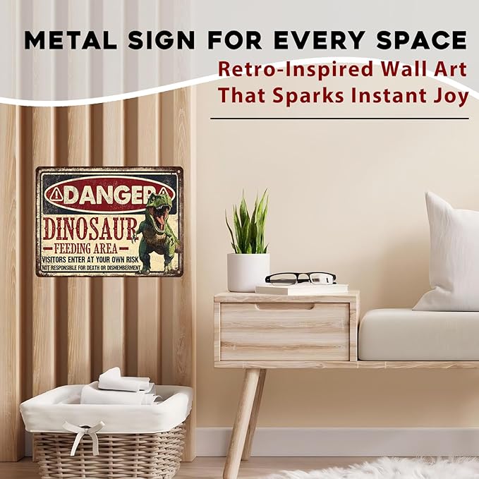 Dinosaur Vintage Tin Sign Dinosaur Feeding Area Great Boy's Room Metal Decor Sign Warning for Bedroom and Playroom 12x16inch