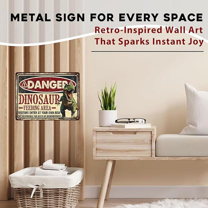 Dinosaur Vintage Tin Sign Dinosaur Feeding Area Great Boy's Room Metal Decor Sign Warning for Bedroom and Playroom 12x16inch