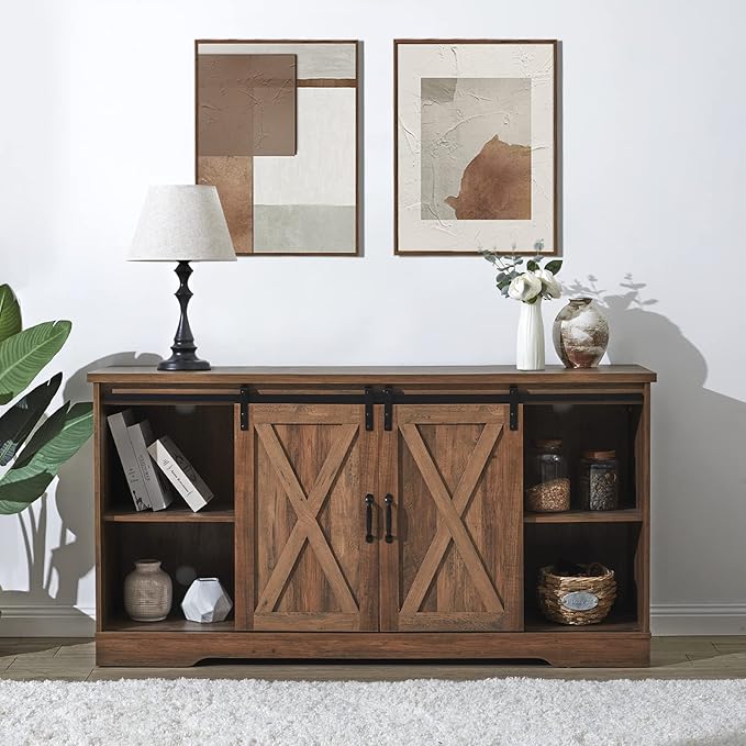 AMERLIFE 59" Fireplace TV Stand for TVs up to 65", Farmhouse Entertainment Center with Sliding Barn Doors, Storage Cabinets and Adjustable Shelves, Barnwood