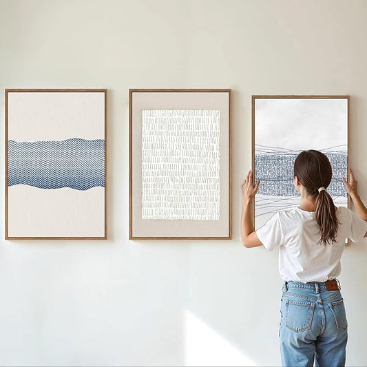 SIGNINART Large Abstract Framed Canvas Wall Art Set of 3, Minimalist Boho Line Art Prints, Modern Neutral Aesthetic Wall Decor, Blue and White Art Paintings for Living Room, Bedroom, Office 16"x24"