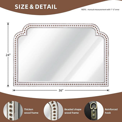 HOITUZYUS 24x36 Inch Farmhouse Wooden Wide Wall Mirror with Beaded Decor, Boho Decorative Mirrors for Living Room, Bedroom, Entryway, Fireplace