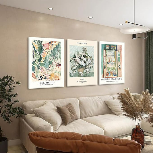 LYPHNX Framed Sage Green Matisse Canvas Wall Art Vintage Abstract Floral Prints Poster Set of 3 Mid Century Aesthetic Flower Artwork Painting Picture Decor for Living Room Bedroom Bathroom 16"x24"