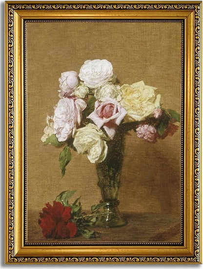 YD&YZY Gold Framed Vintage Wall Art Canvas Henri Fantin Latour Roses Floral Retro Farmhouse Print Art Wall Decor Rustic Cottagecor Painting Picture Print for Dining Room Bedroom 12x16 inch Framed