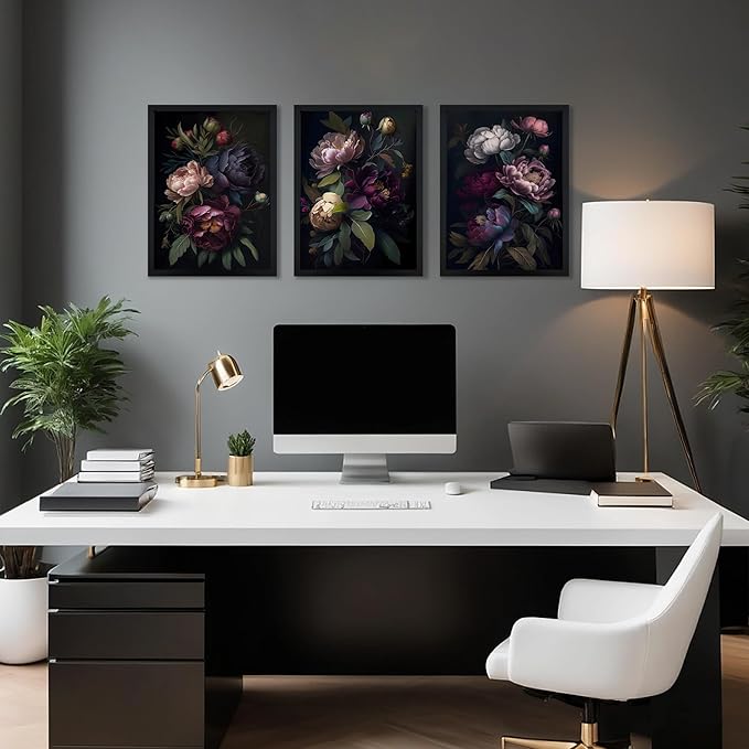 ICHZUMW Moody Peony Floral Canvas Wall Art Set of 3, Black Wood Framed Dark Academia Gothic Botanical Wall Decor, Ready to Hang Fade‑Resistant Flower Pictures for Bedroom Living Room Bathroom, 16×24in