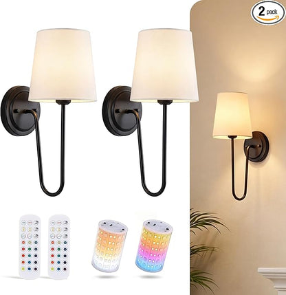 CLOUDY BAY 10000mAh Battery Operated Wall Sconces,Up to 100 Hours with Rechargeable RGB Dimmable Magnetic Bulb,Cordless Wall Lighting Fixtures with Remote for Bedroom,Black,2 Pack-15.4in