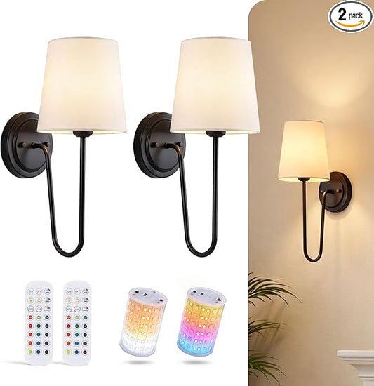 CLOUDY BAY 10000mAh Battery Operated Wall Sconces,Up to 100 Hours with Rechargeable RGB Dimmable Magnetic Bulb,Cordless Wall Lighting Fixtures with Remote for Bedroom,Black,2 Pack-15.4in
