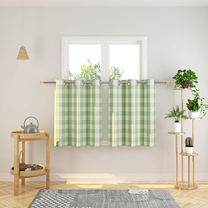 3 Pc Cotton Classic Country Farmhouse Kitchen Window Curtain Grommet Top -Mint Green & White Buffalo Check Tier & Valance Set, 54" x 18" / 32" x 30"