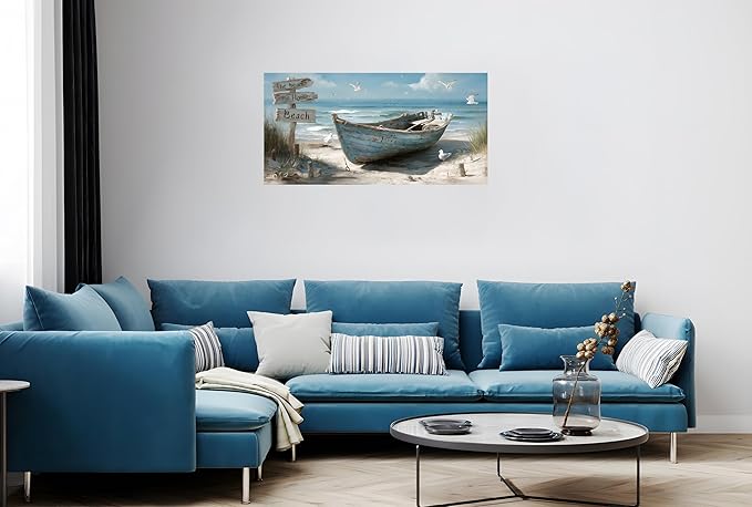 TutuBeer 1 Panel Coastal Bathroom Canvas Wall Art Nautical Boat on Beach Canvas Picture Ocean Seagull Seascape Prints for Wall Sea Bird Farmhouse Artwork for Bedroom Living Room Decor 8"x16"