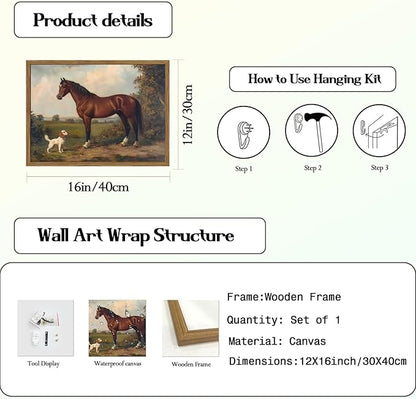 Framed Vintage Wall Art, Rustic Horse and Dog Pictures Wall Decor, Farmhouse Animal landscape Paintings Canvas Prints Neutral Aesthetic Home Decor for Living Room Bedroom Bathroom Office 12x16 inch