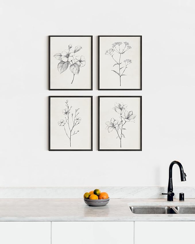 HAUS AND HUES Grey Floral Wall Art - Set of 4 Plant Posters for Wall Vintage, Botanical Prints, Black and White Flower Pictures for Room Aesthetic, Farmhouse Bathroom, Rustic Art (Black Frame, 11x14)