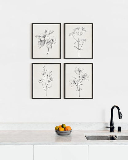 HAUS AND HUES Grey Floral Wall Art - Set of 4 Plant Posters for Wall Vintage, Botanical Prints, Black and White Flower Pictures for Room Aesthetic, Farmhouse Bathroom, Rustic Art (Black Frame, 16x20)