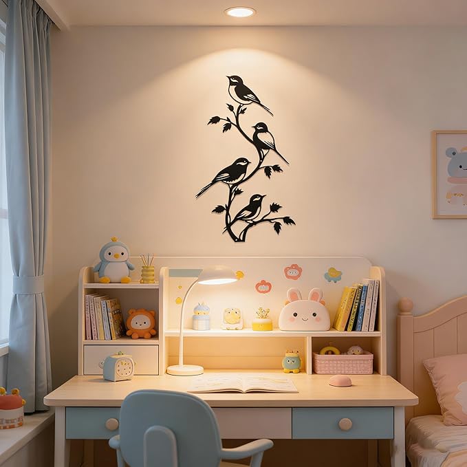 SonnTonn Black Metal Bird Wall Decor - 4 Birds on Branch Silhouette Wall Art, Rustic Style Wall Sculpture for Living Room, Bedroom, Patio, Garden, Farmhouse Home Decor (9.29”x15.75” / 23.6x40cm)