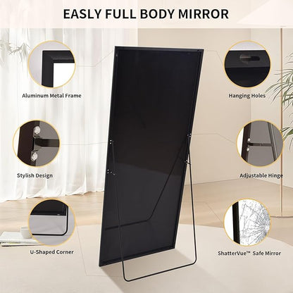 Easly 34"x76" Full Length Mirror with Stand, Large Rectangular Floor Mirror for Bedroom, Living Room or Closet, Wall-Mounted or Freestanding, Black Aluminum Alloy Frame