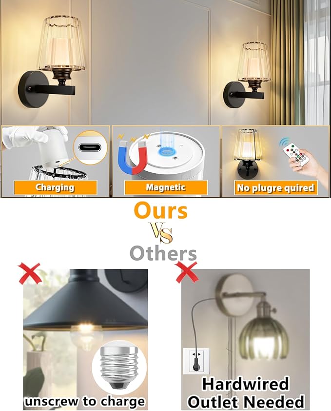 Adetu Crystal Wall Sconces Set of Two, Battery Operated Wall Sconce with 10000mAh Dimmable Magnetic Bulbs and Remote, RGB Rechargeable Wall Lights for Bedroom Living Room Hallway Decor