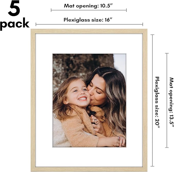 Americanflat 16x20 Picture Frame with Polished Plexiglass - Set of 5 - Use as 11x14 Frame with Mat or Display 16x20 Photo Without Mat - Galleria Collection - Picture Frames for Wall - Natural Oak