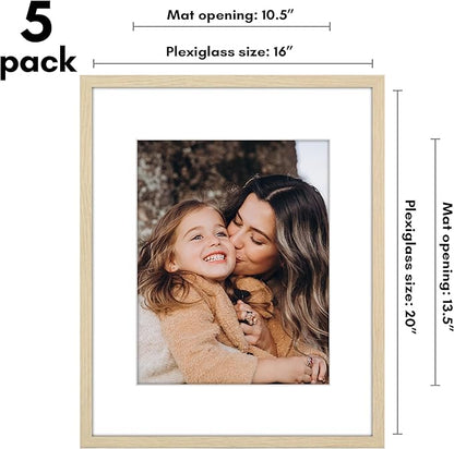 Americanflat 16x20 Picture Frame with Polished Plexiglass - Set of 5 - Use as 11x14 Frame with Mat or Display 16x20 Photo Without Mat - Galleria Collection - Picture Frames for Wall - Natural Oak