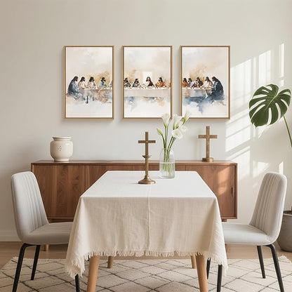 Large Watercolor Jesus Last Supper Scene Framed Canvas Wall Art Set,Jesus and Twelve Apostles Wall Decor,Christmas Religious Bible Story Artwork for Living Room,Bedroom,Church-16 x24 x3