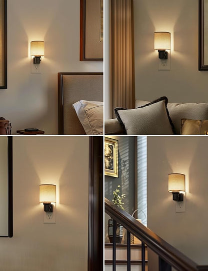 L LOHAS LED Night Lights Plug into Wall, Plug in Night Light Dimmable 100LM, Farmhouse Decorative Nightlights Plug in Wall, Light Sensor, Soft Linen Fabric Nightlight Warm for Bedroom Hallway, 2 Pack