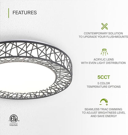 ASD 16 Inch LED Flush Mount Ceiling Light Fixture for Bedroom, 28W 1752LM 5CCT 2700K-5000K, Triac Dimmable Lights, Dining, Living Room, Kitchen Lamps, Modern Home Lighting Fixtures, Black, ETL