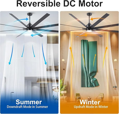 Rayqueen 84 Inch Large Ceiling Fans with Lights and Remote, Black Blades, 3CCT Dimmable LED, 6-Speed Reversible DC Motor, Ultra Quiet, 3 Timers for Living Room, Great Bedroom & Covered Outdoor